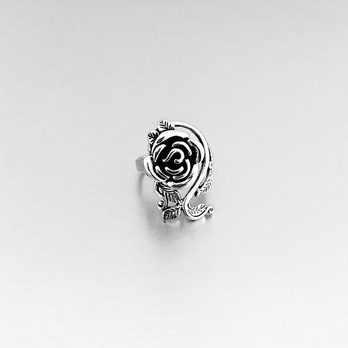 925 Sterling Silver Statement Rose Ring with Leaf Branches | Flower Roses Silver Rings