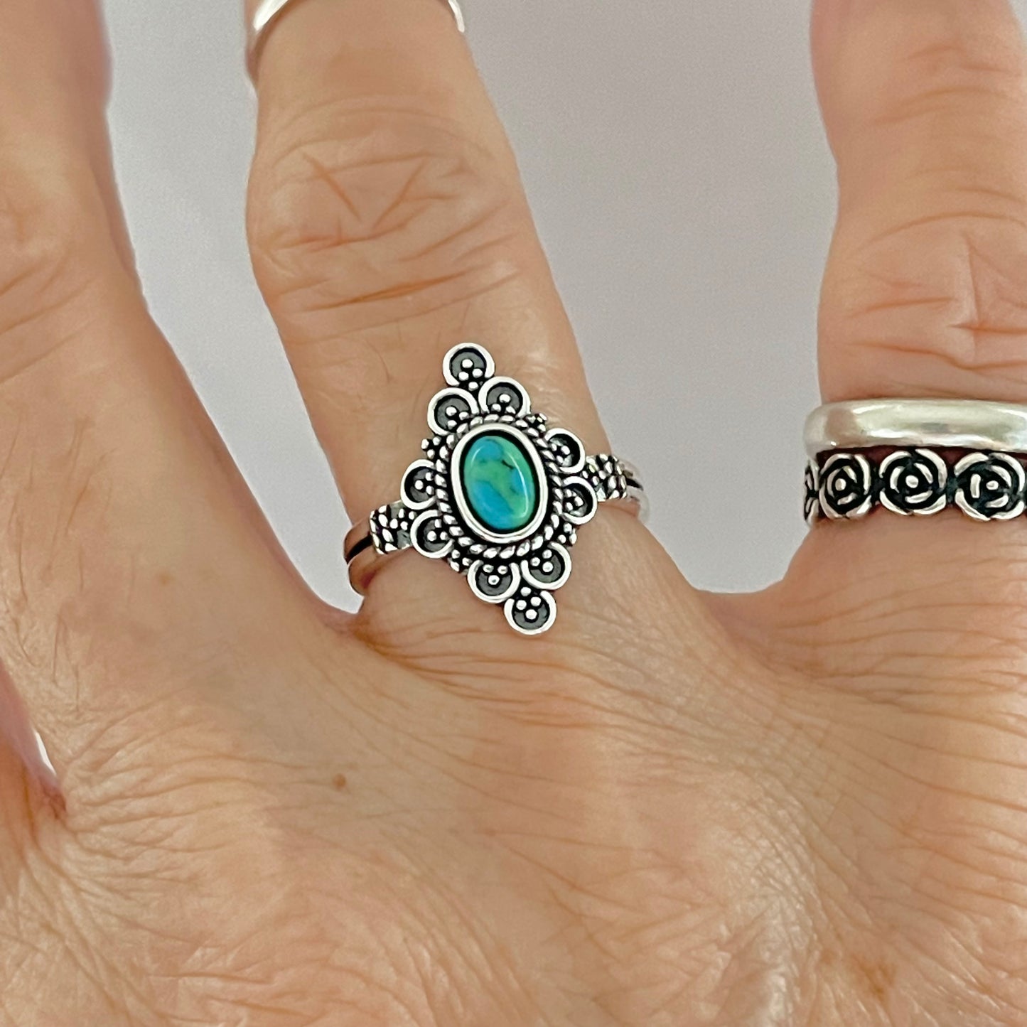 Sterling Silver Bali Style Genuine Turquoise Ring, Mandala Rings, Silver Stone Ring