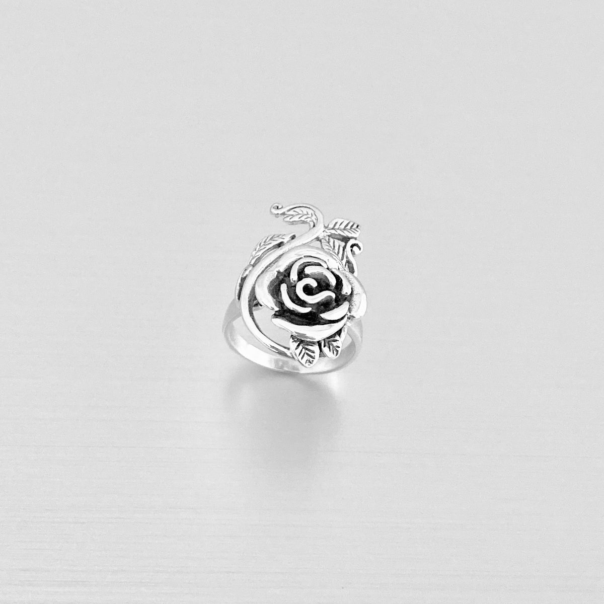 925 Sterling Silver Statement Rose Ring with Leaf Branches | Flower Roses Silver Rings