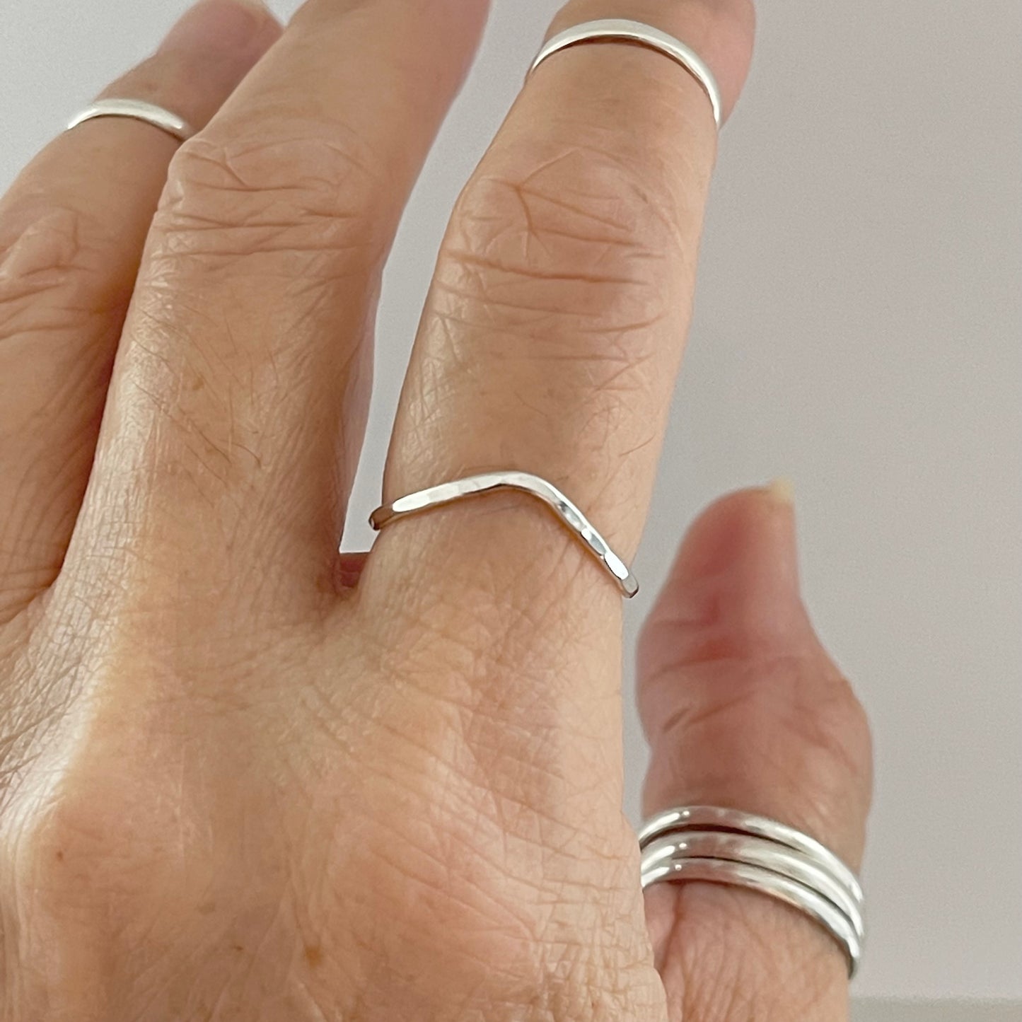 Minimalist Curve Hammered Band Sterling Silver, V Shape Silver Ring