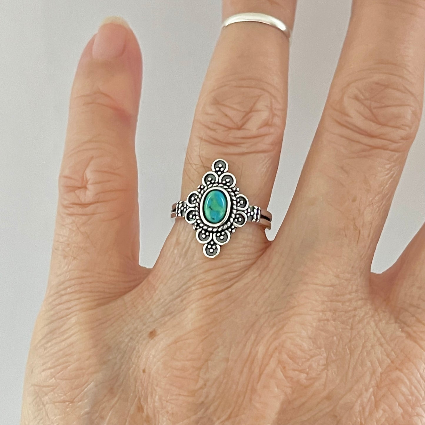 Sterling Silver Bali Style Genuine Turquoise Ring, Mandala Rings, Silver Stone Ring