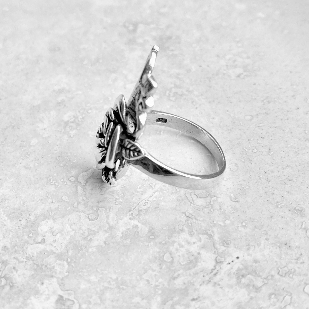 925 Sterling Silver Statement Rose Ring with Leaf Branches | Flower Roses Silver Rings
