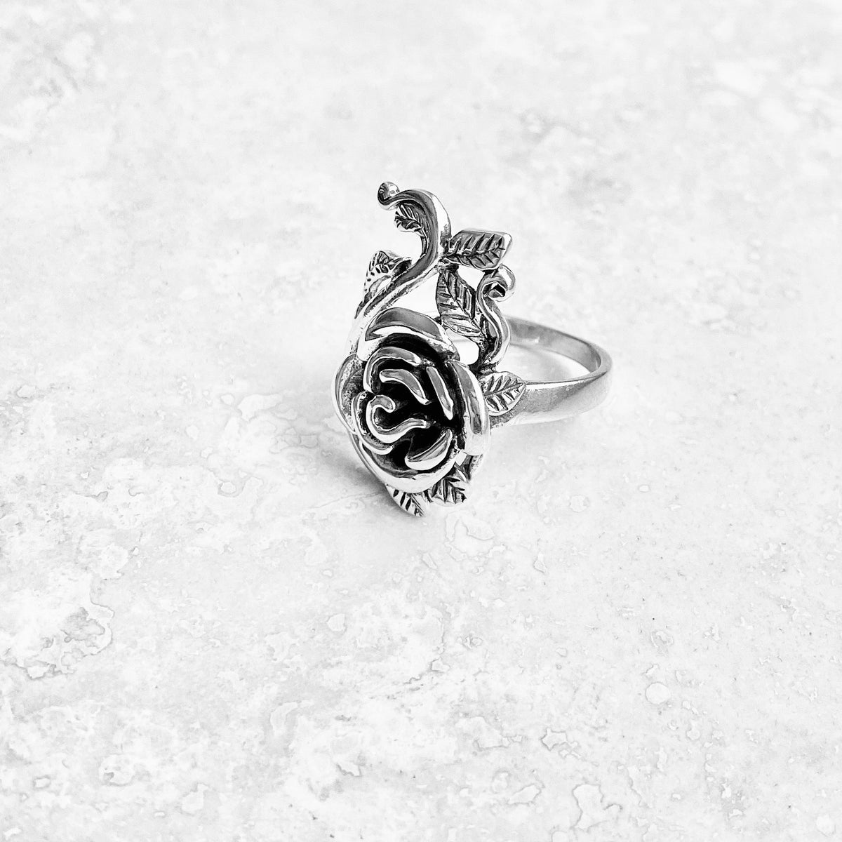 925 Sterling Silver Statement Rose Ring with Leaf Branches | Flower Roses Silver Rings