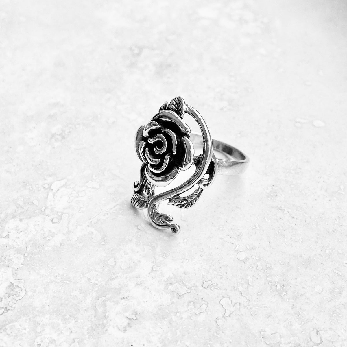 925 Sterling Silver Statement Rose Ring with Leaf Branches | Flower Roses Silver Rings