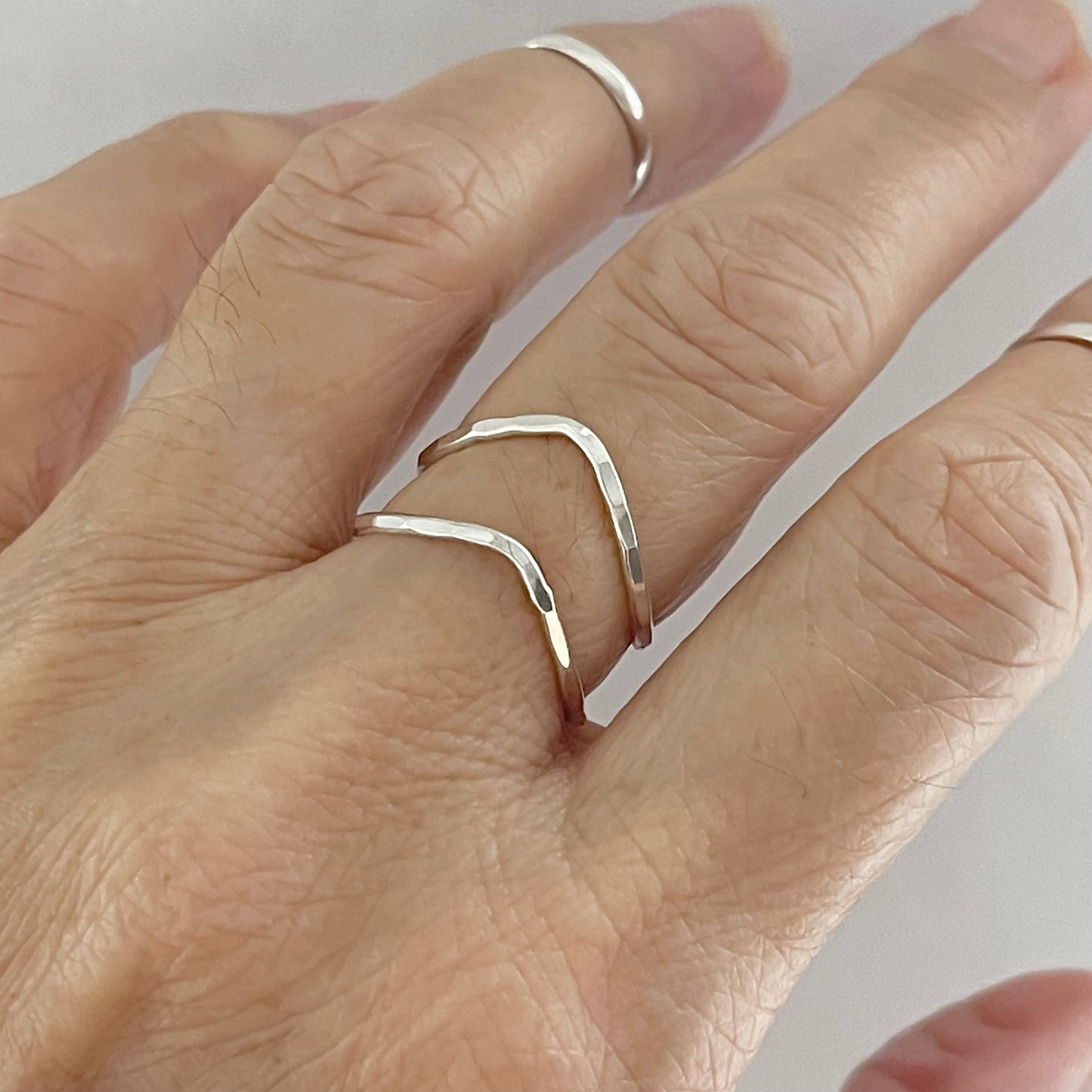 Minimalist Curve Hammered Band Sterling Silver, V Shape Silver Ring