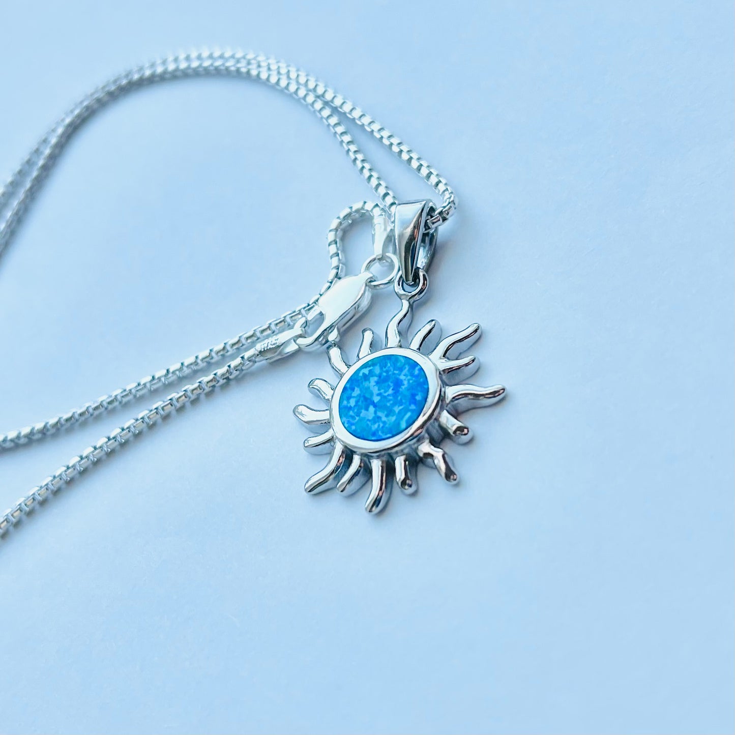 Sterling Silver Blue Lab Opal Blazing Sun Necklace, Celestial Chain, Silver Necklaces, Sunshine