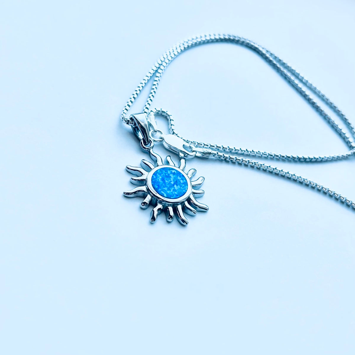 925 Sterling Silver Blue Lab Opal Blazing Sun Necklace | Celestial Sunshine Pendant Chain