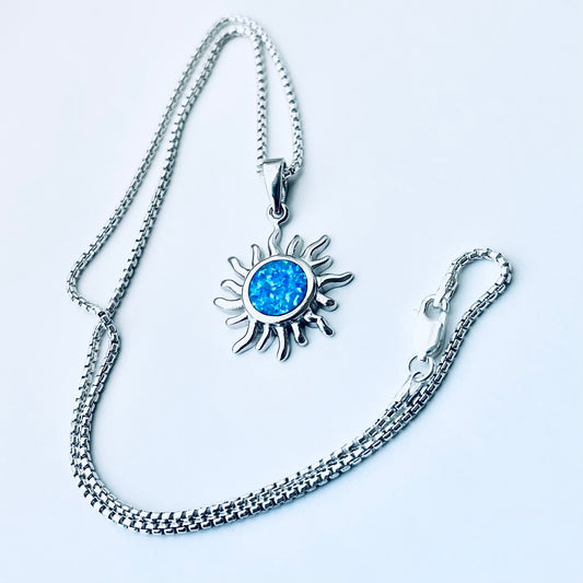 925 Sterling Silver Blue Lab Opal Blazing Sun Necklace | Celestial Sunshine Pendant Chain