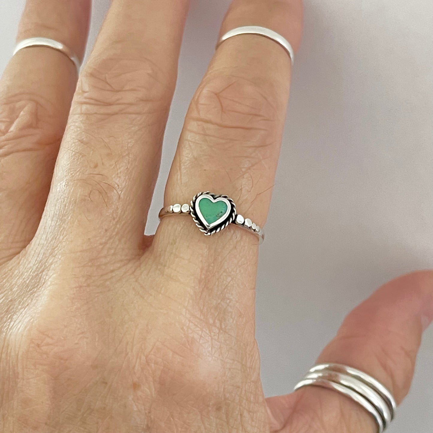 Sterling Silver Minimalist Braid Heart Genuine Turquoise Ring with Dots, Silver Rings