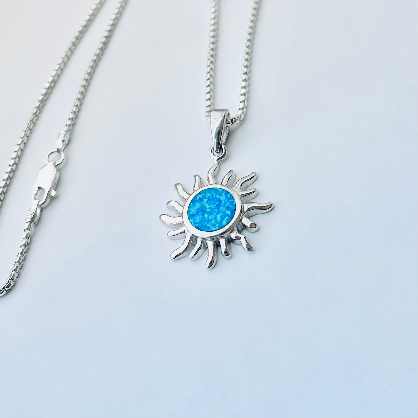 Sterling Silver Blue Lab Opal Blazing Sun Necklace, Celestial Chain, Silver Necklaces, Sunshine