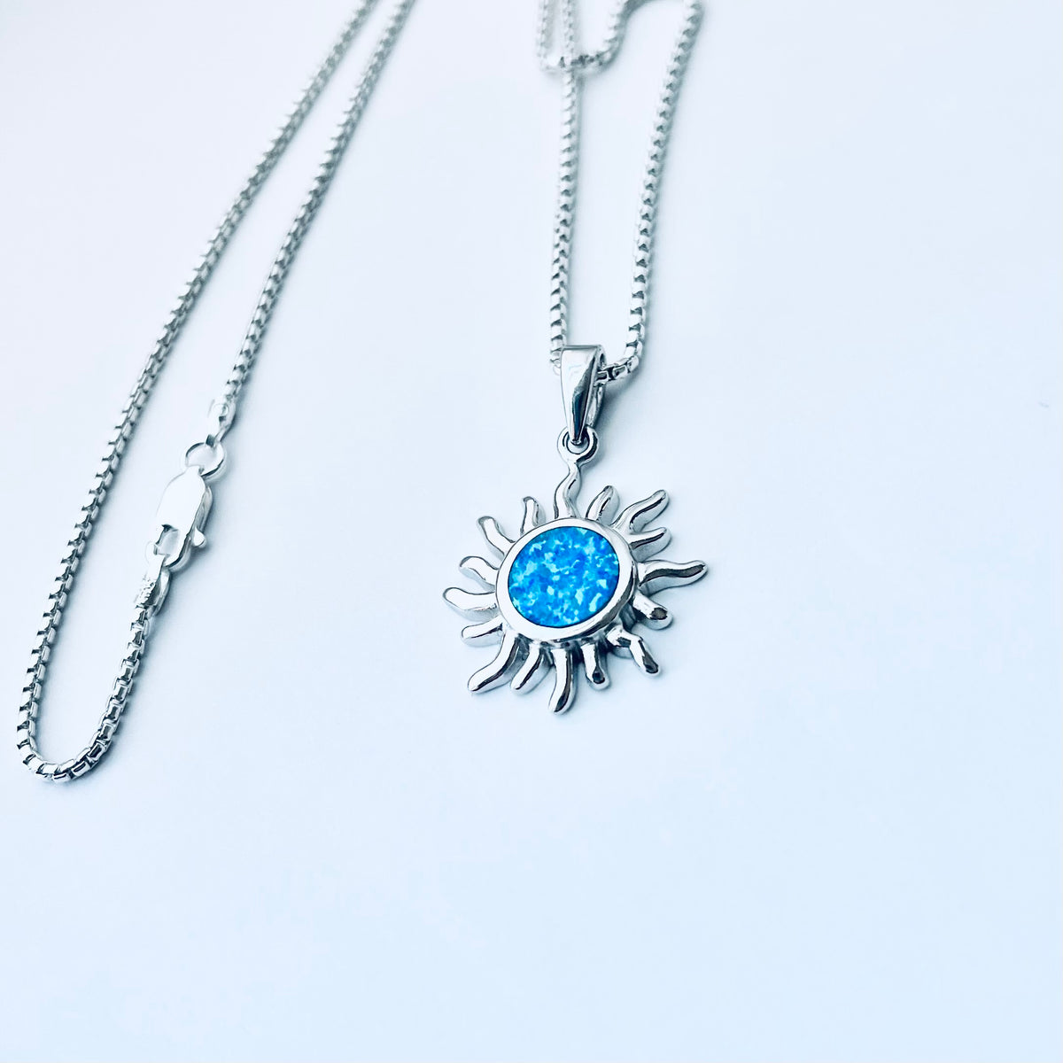925 Sterling Silver Blue Lab Opal Blazing Sun Necklace | Celestial Sunshine Pendant Chain