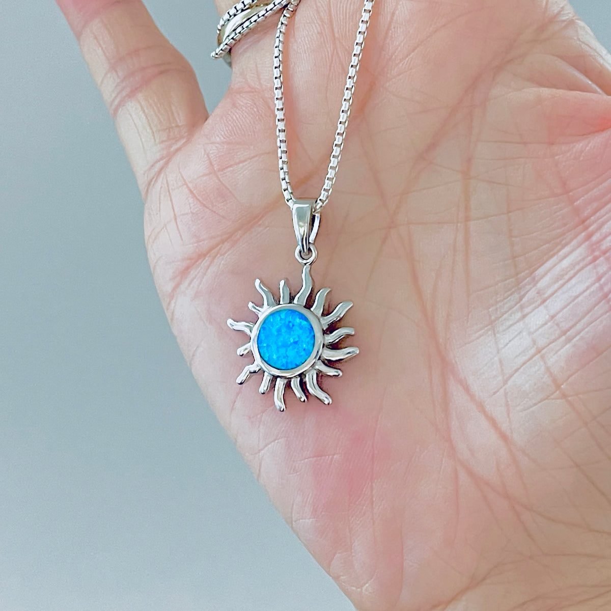 925 Sterling Silver Blue Lab Opal Blazing Sun Necklace | Celestial Sunshine Pendant Chain