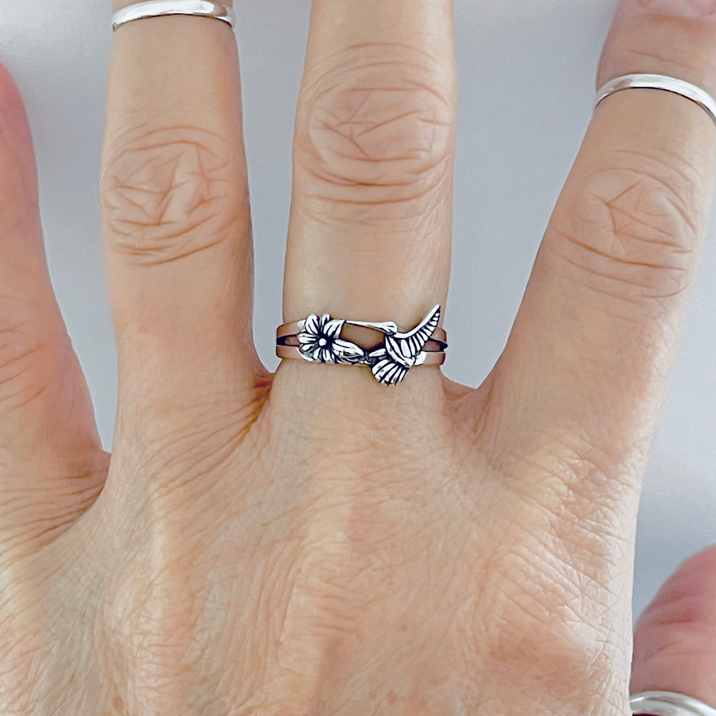 Sterling Silver Hummingbird & Flower Ring – Spirit Bird Good Luck Silver Rings