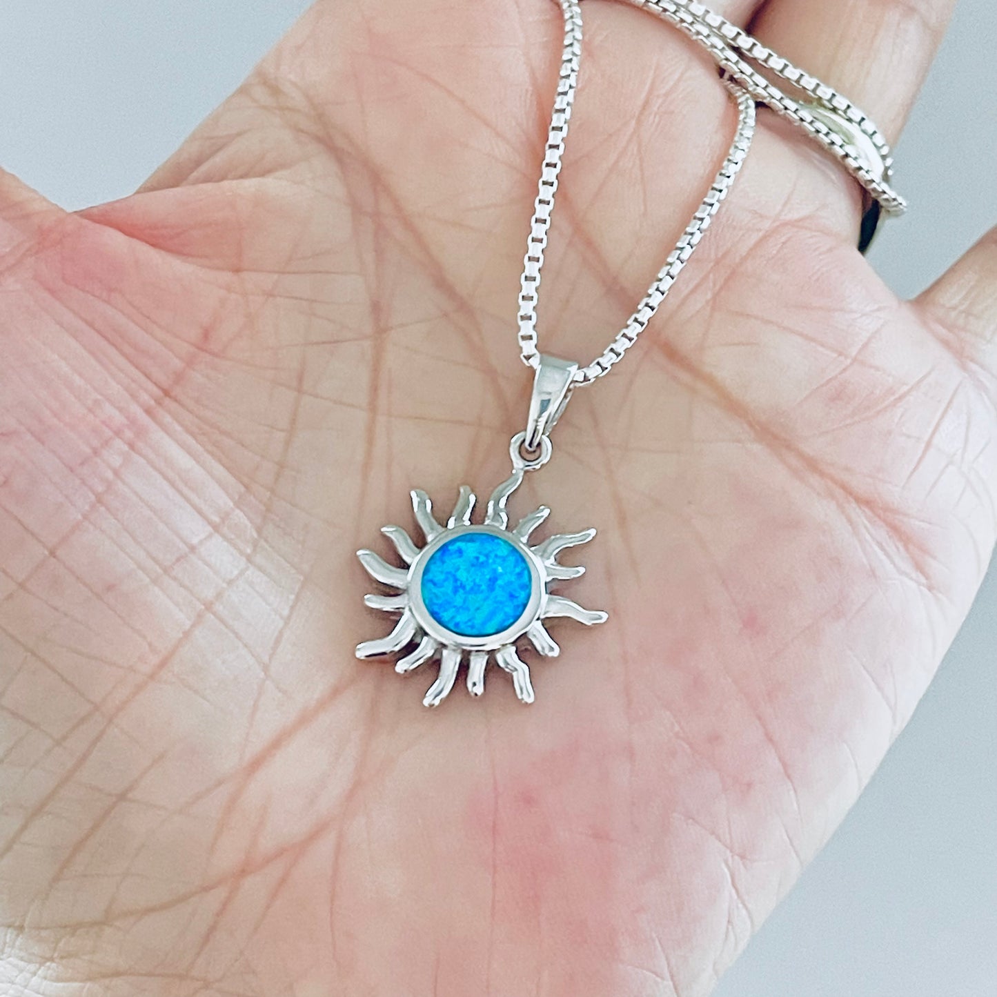 Sterling Silver Blue Lab Opal Blazing Sun Necklace, Celestial Chain, Silver Necklaces, Sunshine