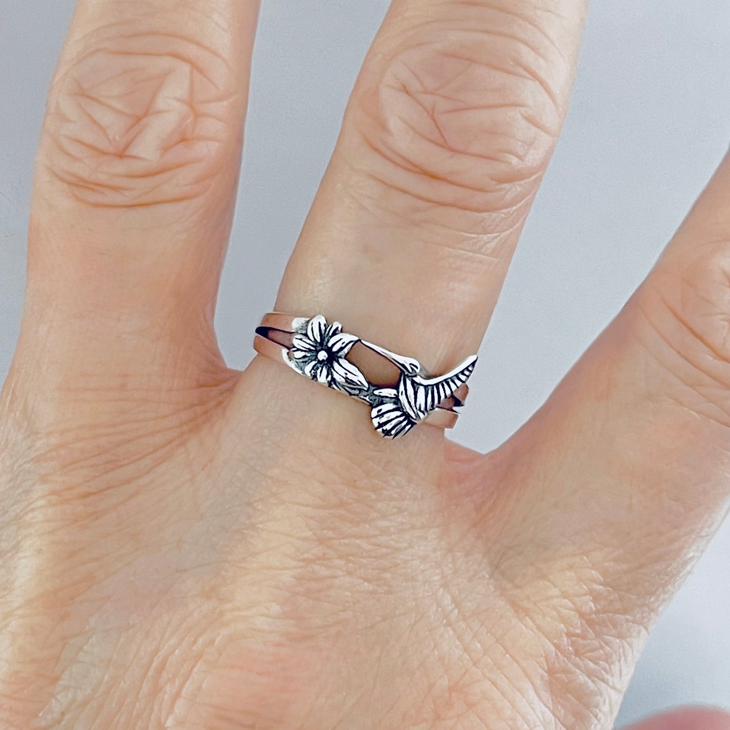 Sterling Silver Hummingbird & Flower Ring – Spirit Bird Good Luck Silver Rings