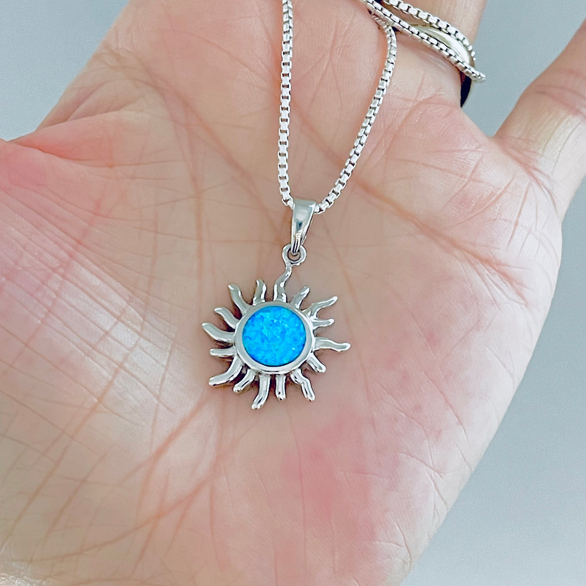 925 Sterling Silver Blue Lab Opal Blazing Sun Necklace | Celestial Sunshine Pendant Chain