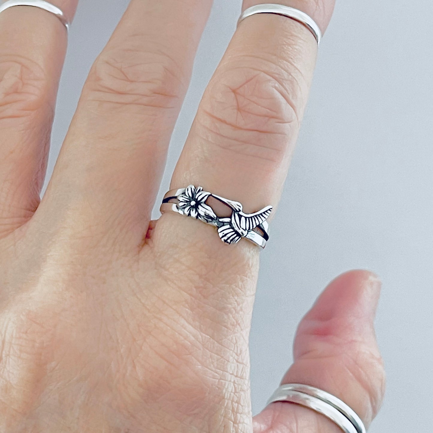 Sterling Silver Hummingbird & Flower Ring – Spirit Bird Good Luck Silver Rings