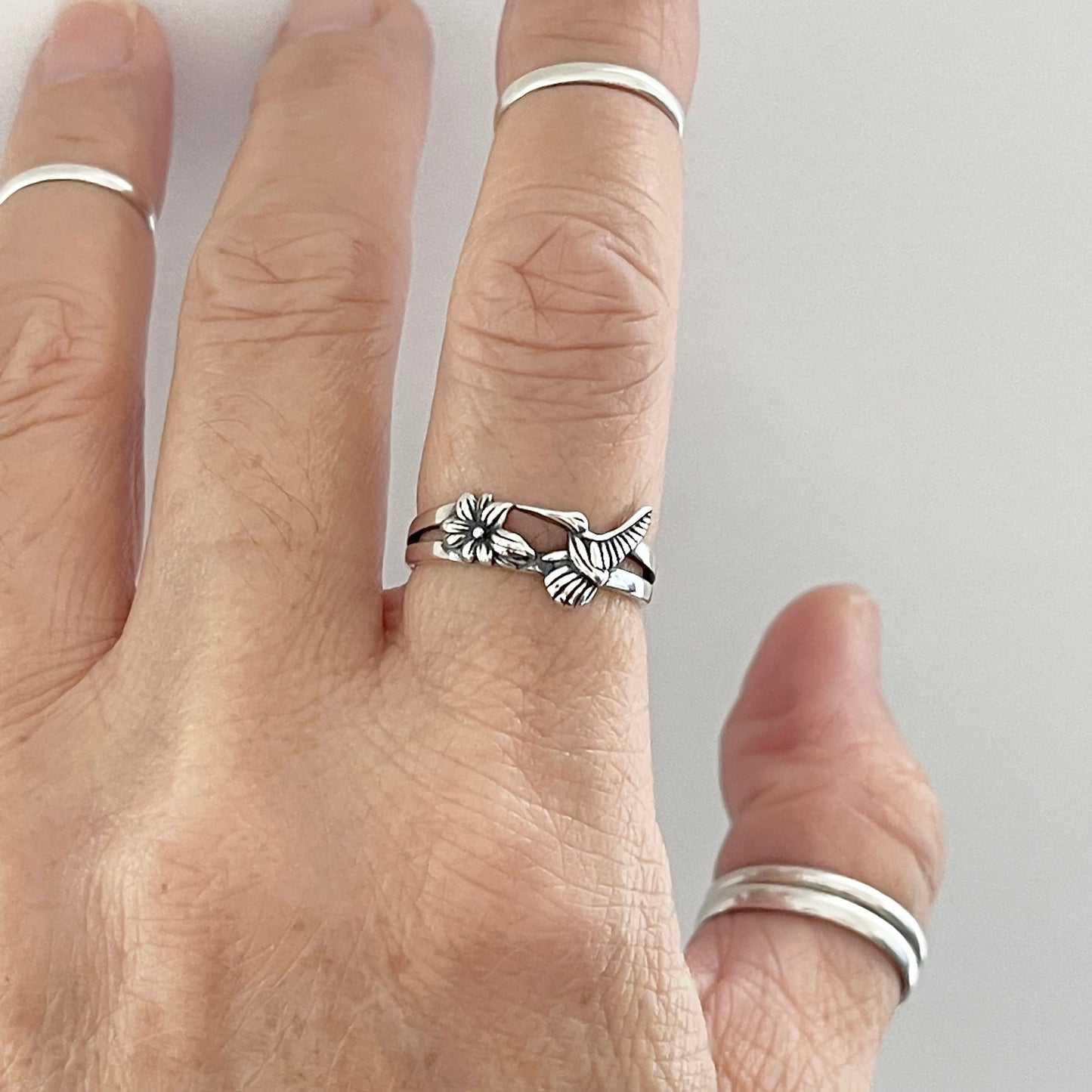 Sterling Silver Flower and Hummingbird Ring, Silver Lily Rings, Animal Ring