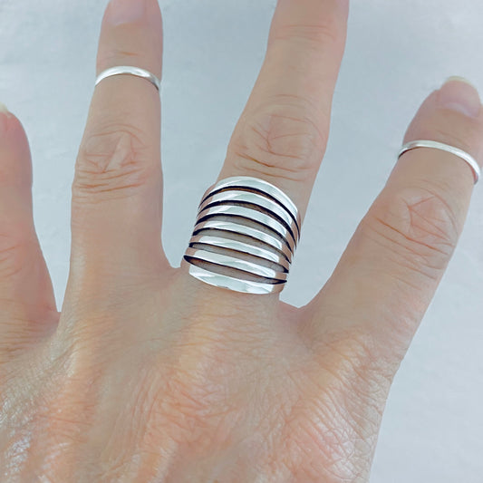 Sterling Silver Statement Multiple Line Bands Ring | Boho Wide Silver Rings