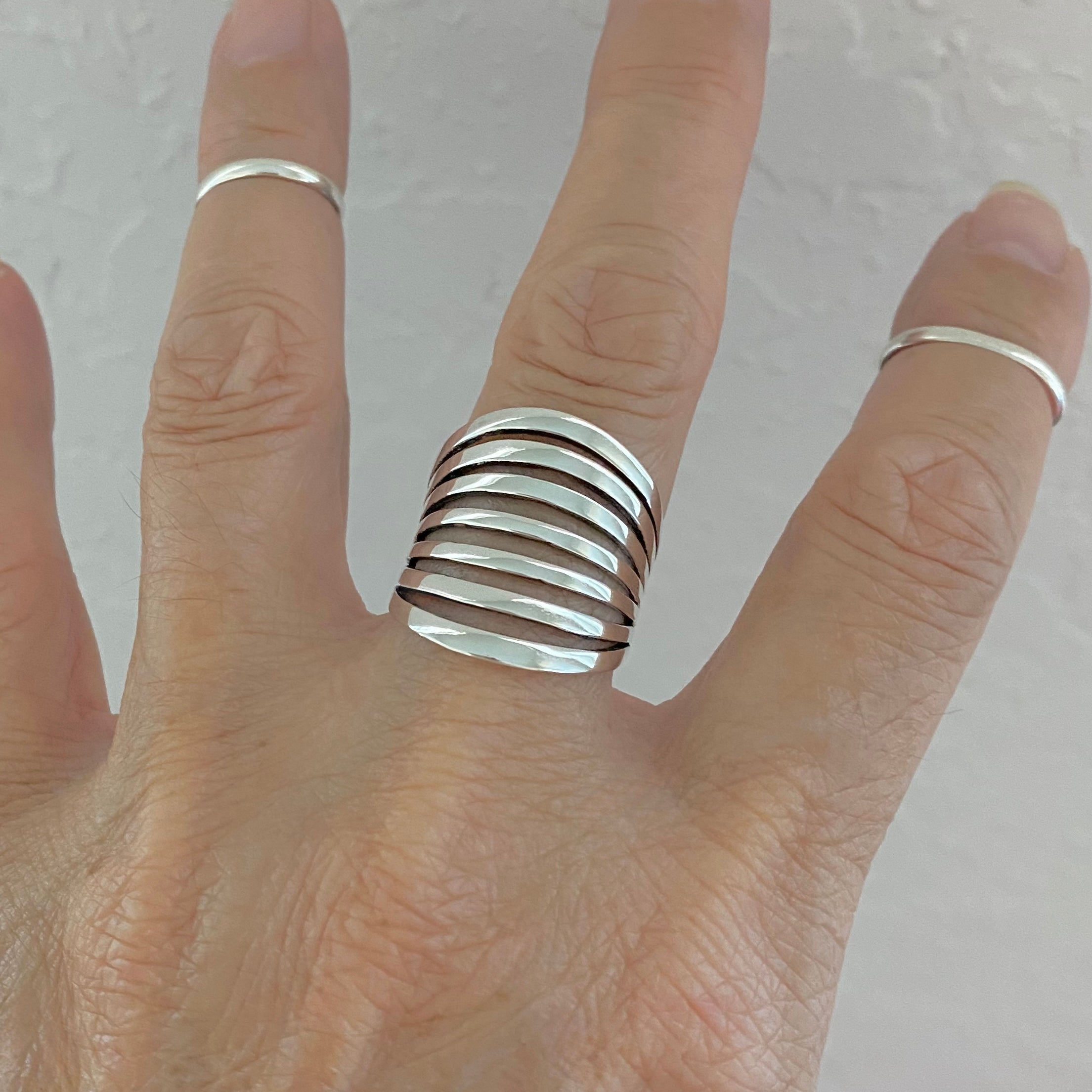Sliver Rings Multiple Sterling Silver Statement Multiple Lines Ring | Boho Wide Band Silver ...