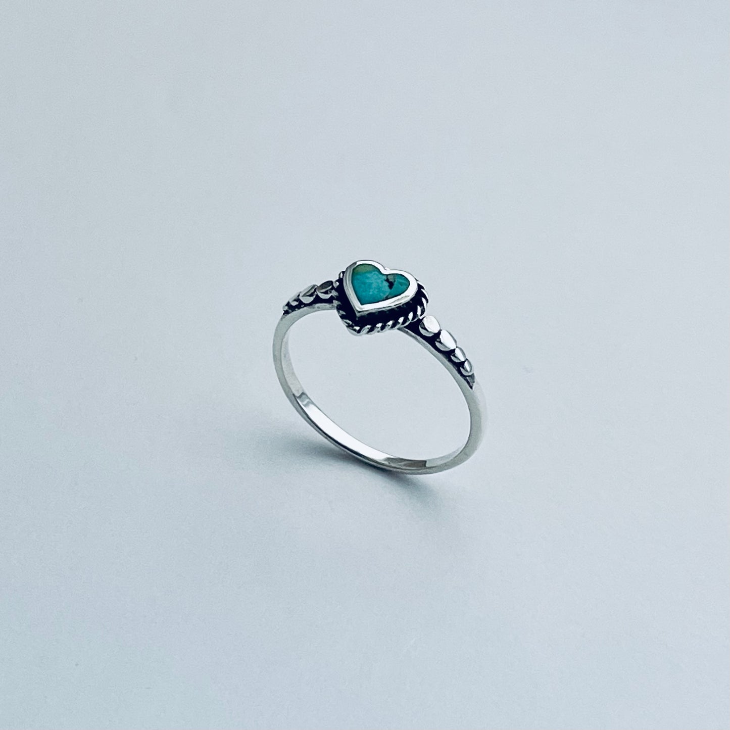 Sterling Silver Minimalist Braid Heart Genuine Turquoise Ring with Dots, Silver Rings