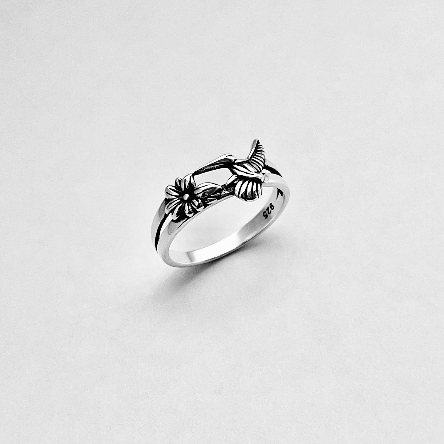 Sterling Silver Hummingbird & Flower Ring – Spirit Bird Good Luck Silver Rings