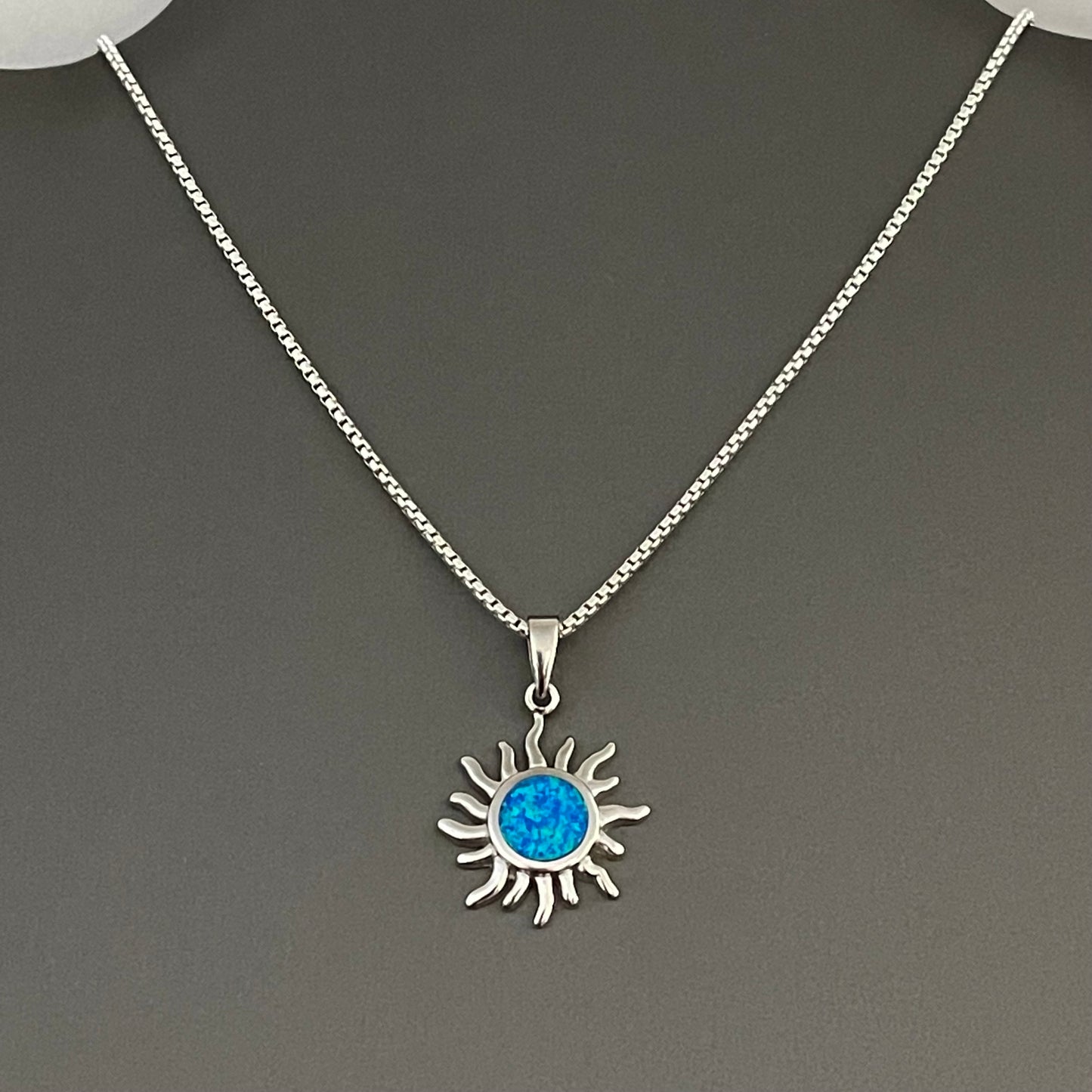 Sterling Silver Blue Lab Opal Blazing Sun Necklace, Celestial Chain, Silver Necklaces, Sunshine