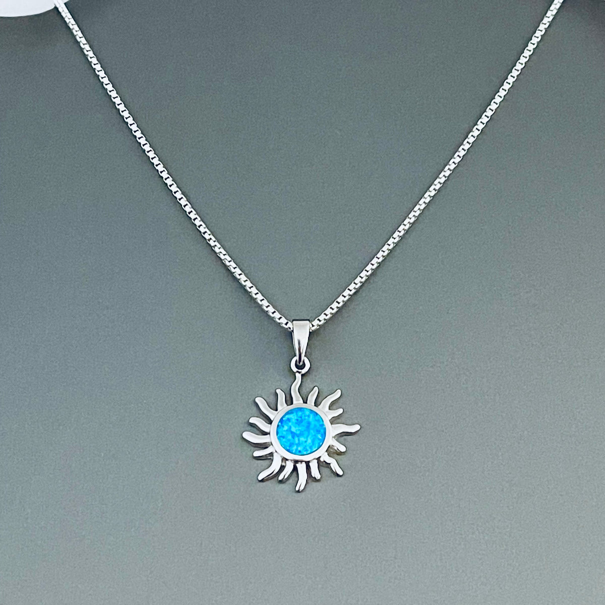925 Sterling Silver Blue Lab Opal Blazing Sun Necklace | Celestial Sunshine Pendant Chain