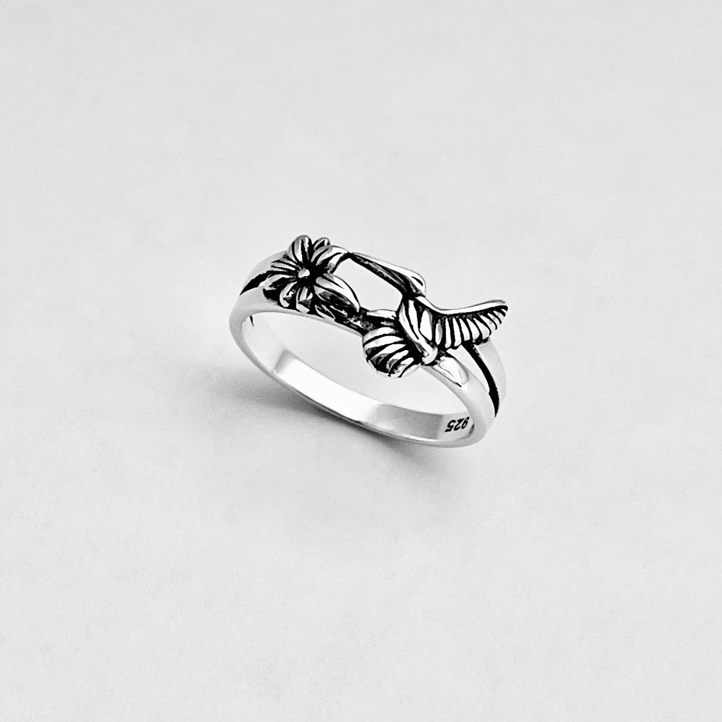 Sterling Silver Hummingbird & Flower Ring – Spirit Bird Good Luck Silver Rings