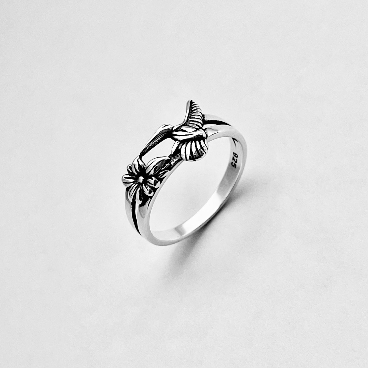 Sterling Silver Hummingbird & Flower Ring – Spirit Bird Good Luck Silver Rings