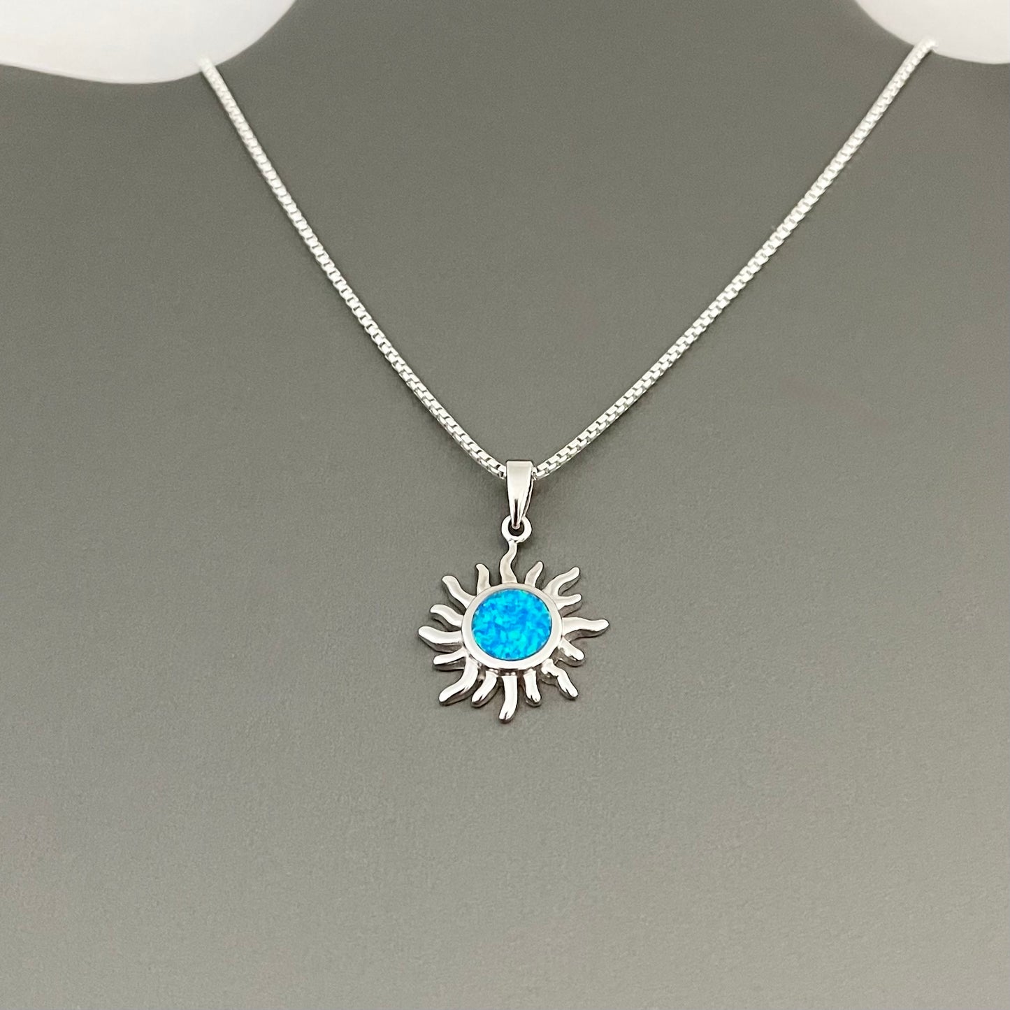 Sterling Silver Blue Lab Opal Blazing Sun Necklace, Celestial Chain, Silver Necklaces, Sunshine