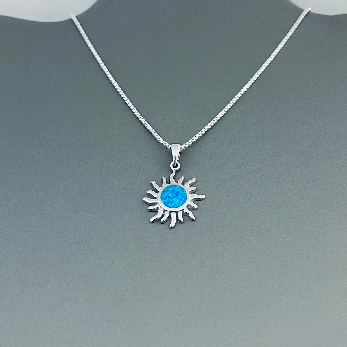 925 Sterling Silver Blue Lab Opal Blazing Sun Necklace | Celestial Sunshine Pendant Chain