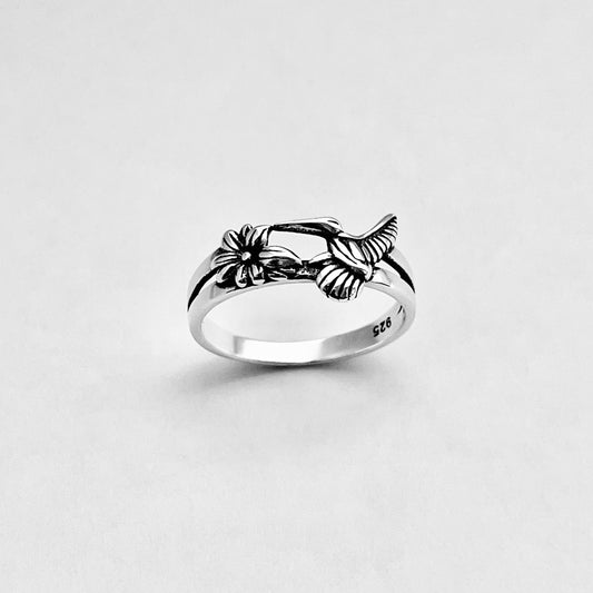 Sterling Silver Hummingbird & Flower Ring – Spirit Bird Good Luck Silver Rings