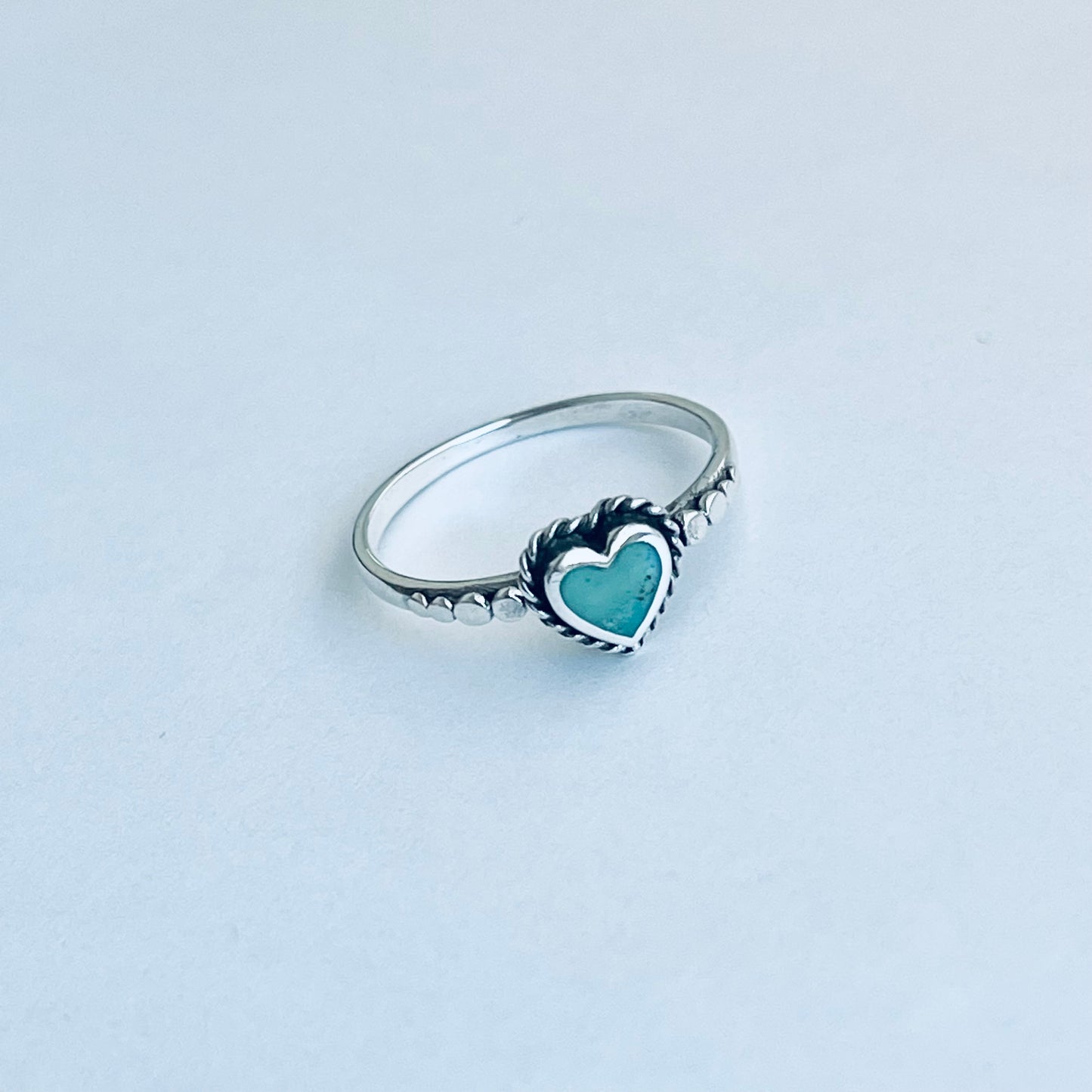 Sterling Silver Minimalist Braid Heart Genuine Turquoise Ring with Dots, Silver Rings