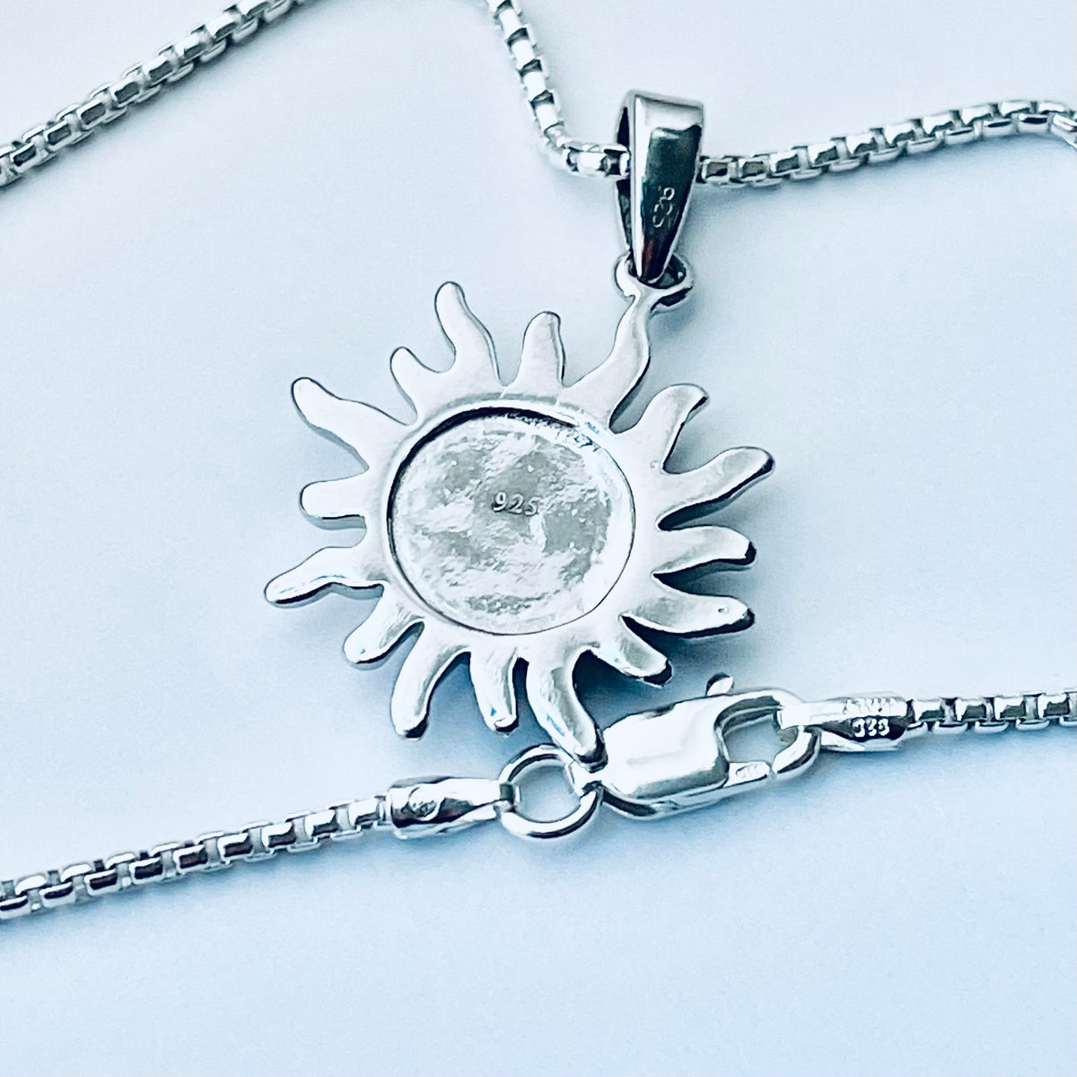 925 Sterling Silver Blue Lab Opal Blazing Sun Necklace | Celestial Sunshine Pendant Chain