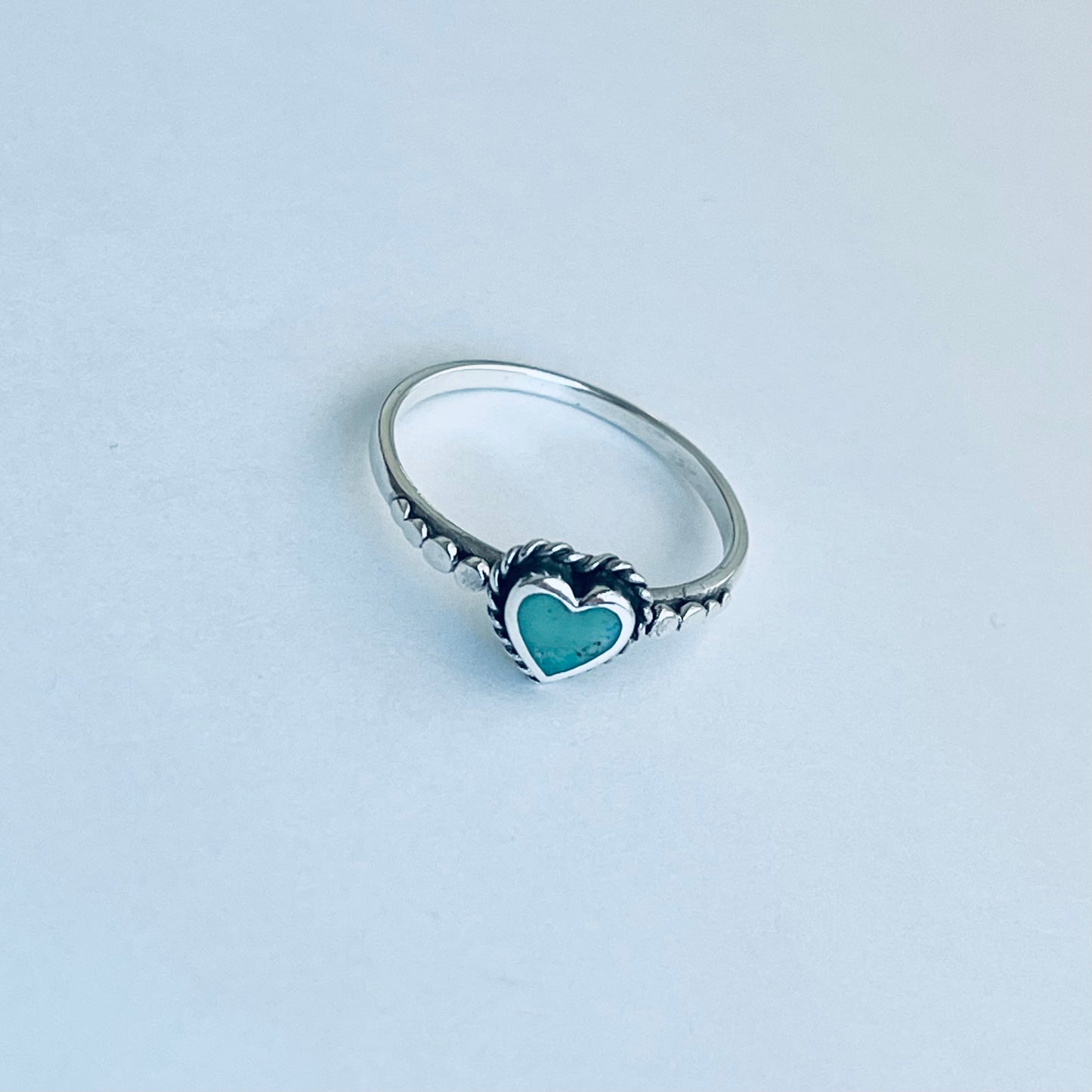 Sterling Silver Minimalist Braid Heart Genuine Turquoise Ring with Dots, Silver Rings