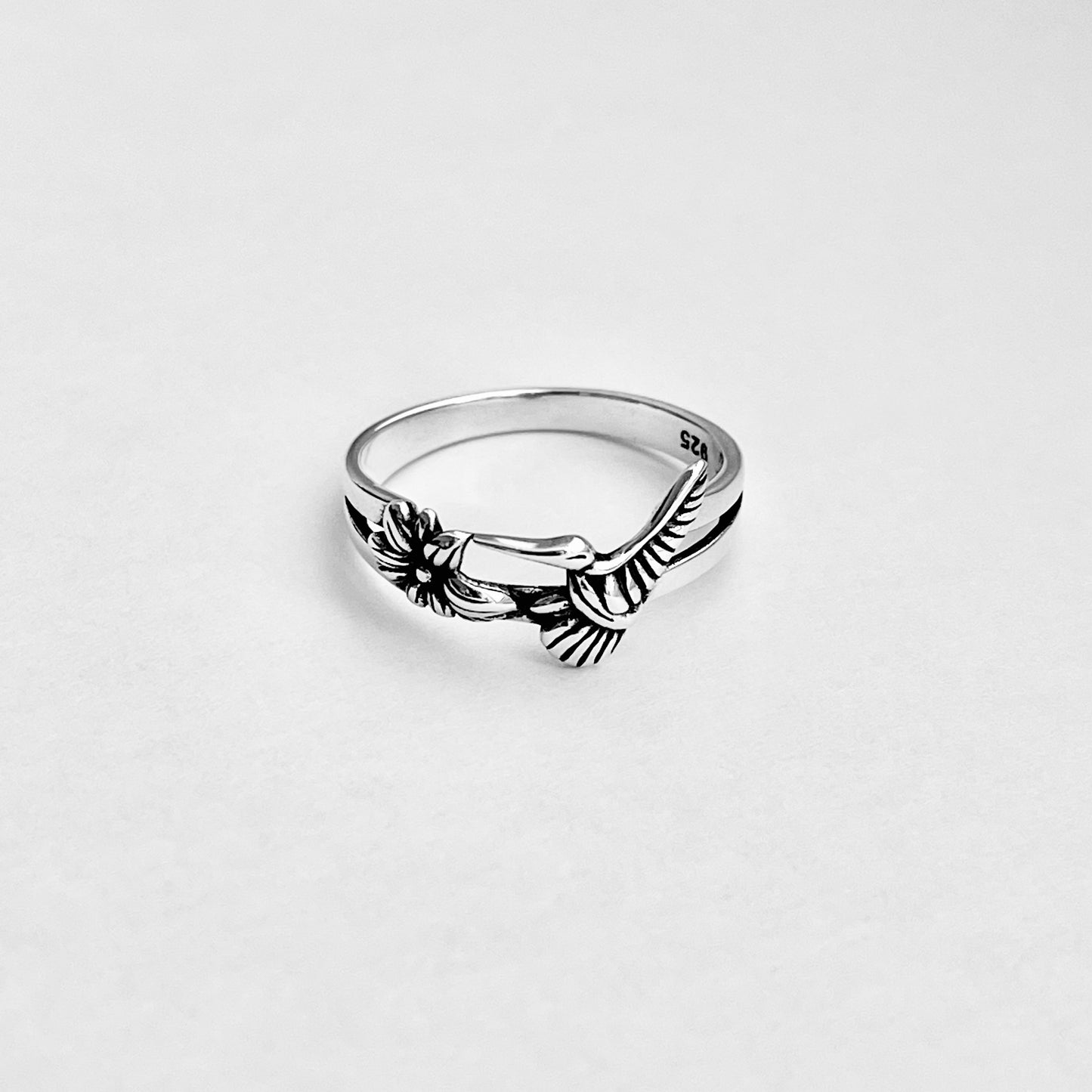 Sterling Silver Hummingbird & Flower Ring – Spirit Bird Good Luck Silver Rings