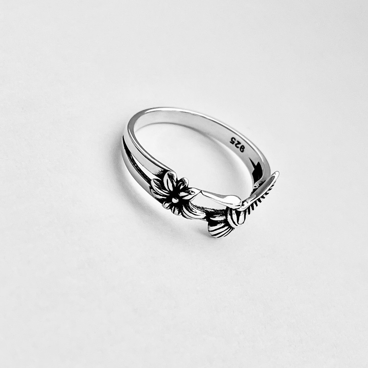 Sterling Silver Hummingbird & Flower Ring – Spirit Bird Good Luck Silver Rings