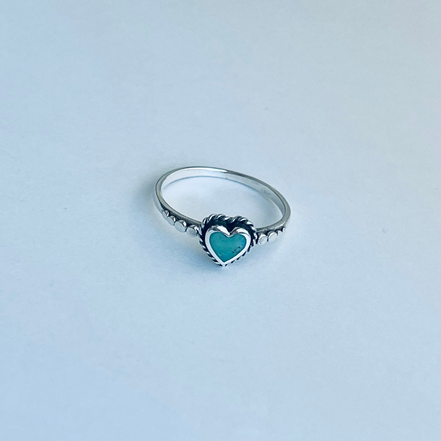 Sterling Silver Minimalist Braid Heart Genuine Turquoise Ring with Dots, Silver Rings