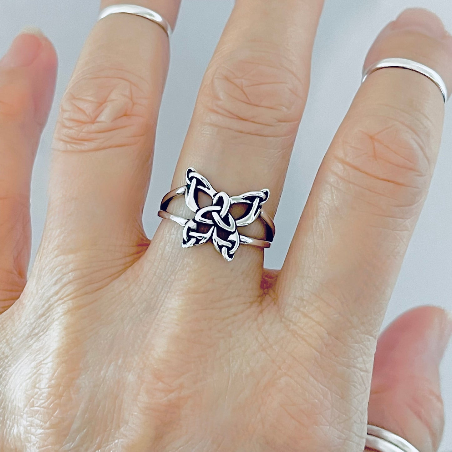 Sterling Silver Statement Triquetra Butterfly Ring – Celtic Trinity Knot Spirit Bug Silver Rings