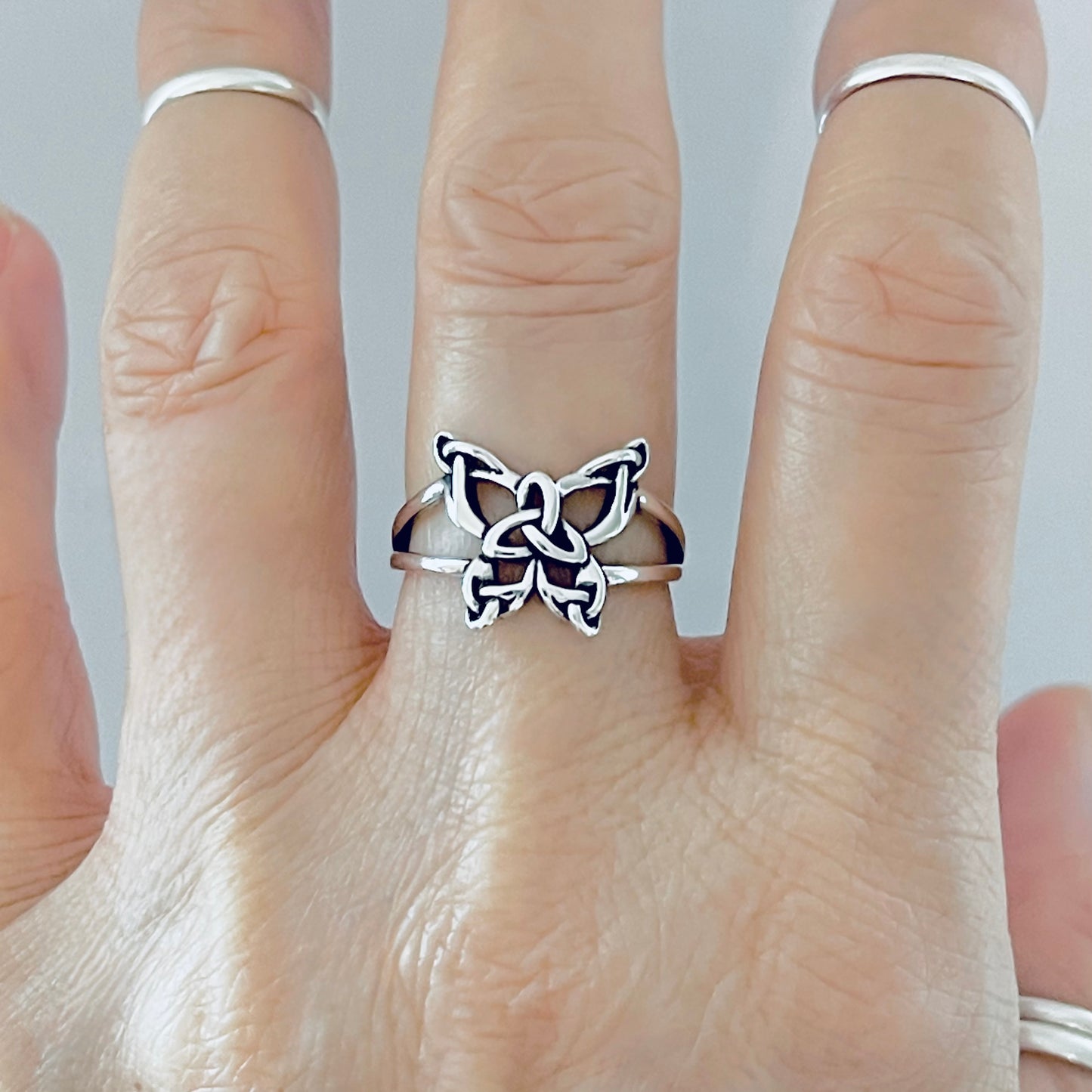 Sterling Silver Statement Triquetra Butterfly Ring – Celtic Trinity Knot Spirit Bug Silver Rings