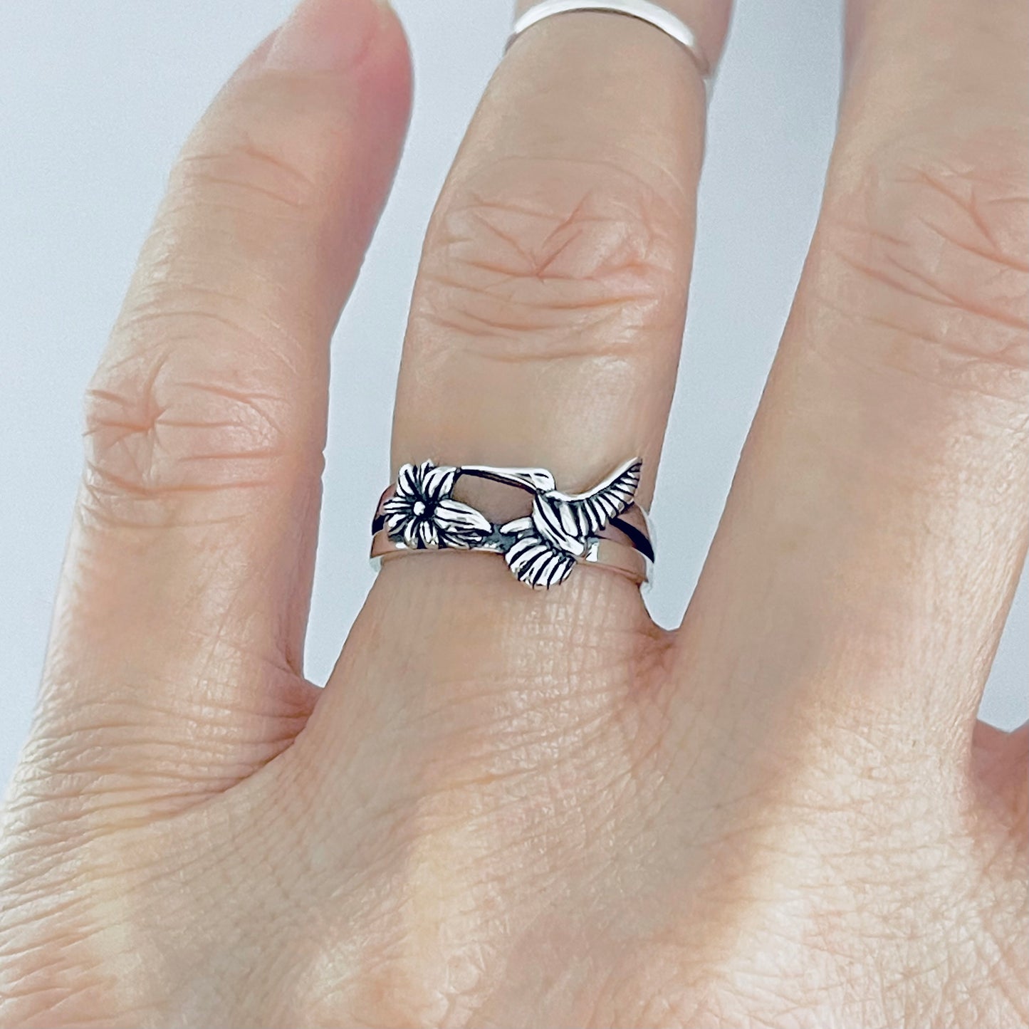 Sterling Silver Hummingbird & Flower Ring – Spirit Bird Good Luck Silver Rings