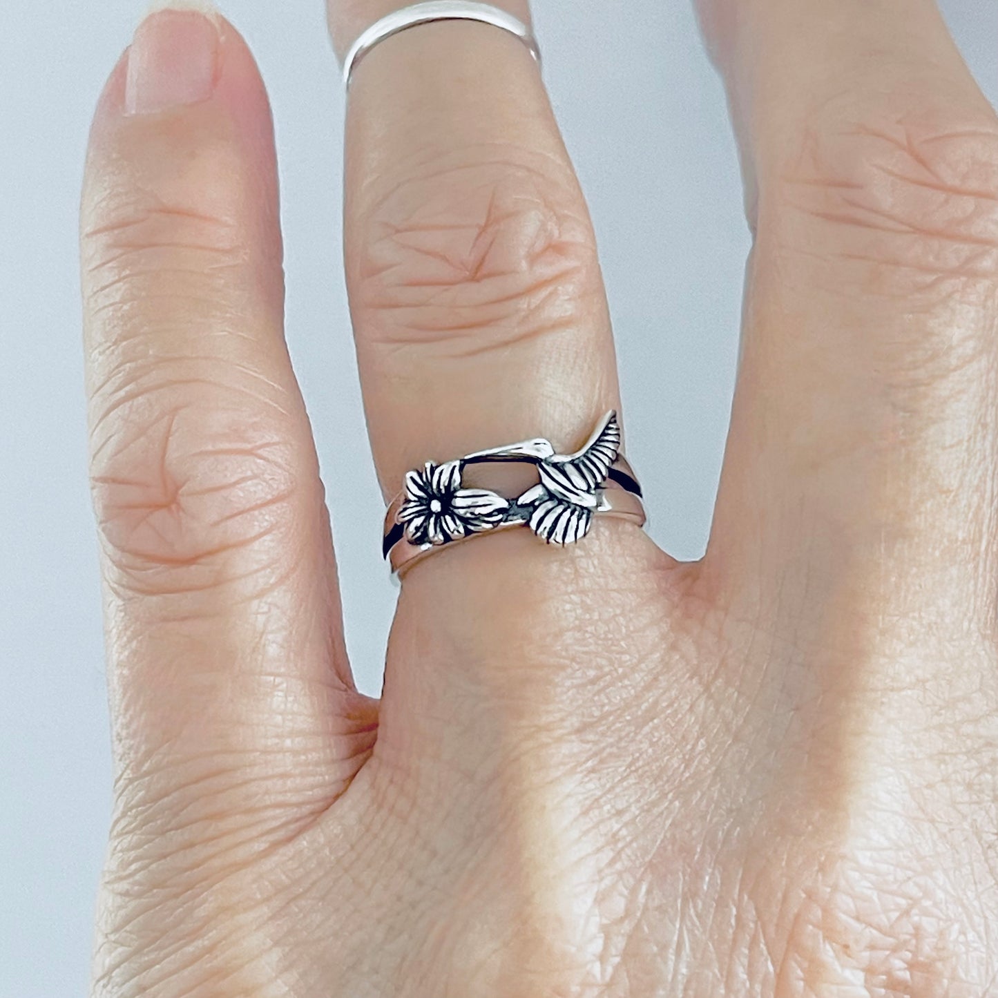 Sterling Silver Hummingbird & Flower Ring – Spirit Bird Good Luck Silver Rings
