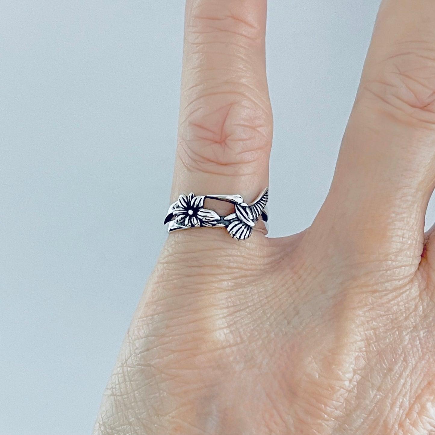 Sterling Silver Hummingbird & Flower Ring – Spirit Bird Good Luck Silver Rings