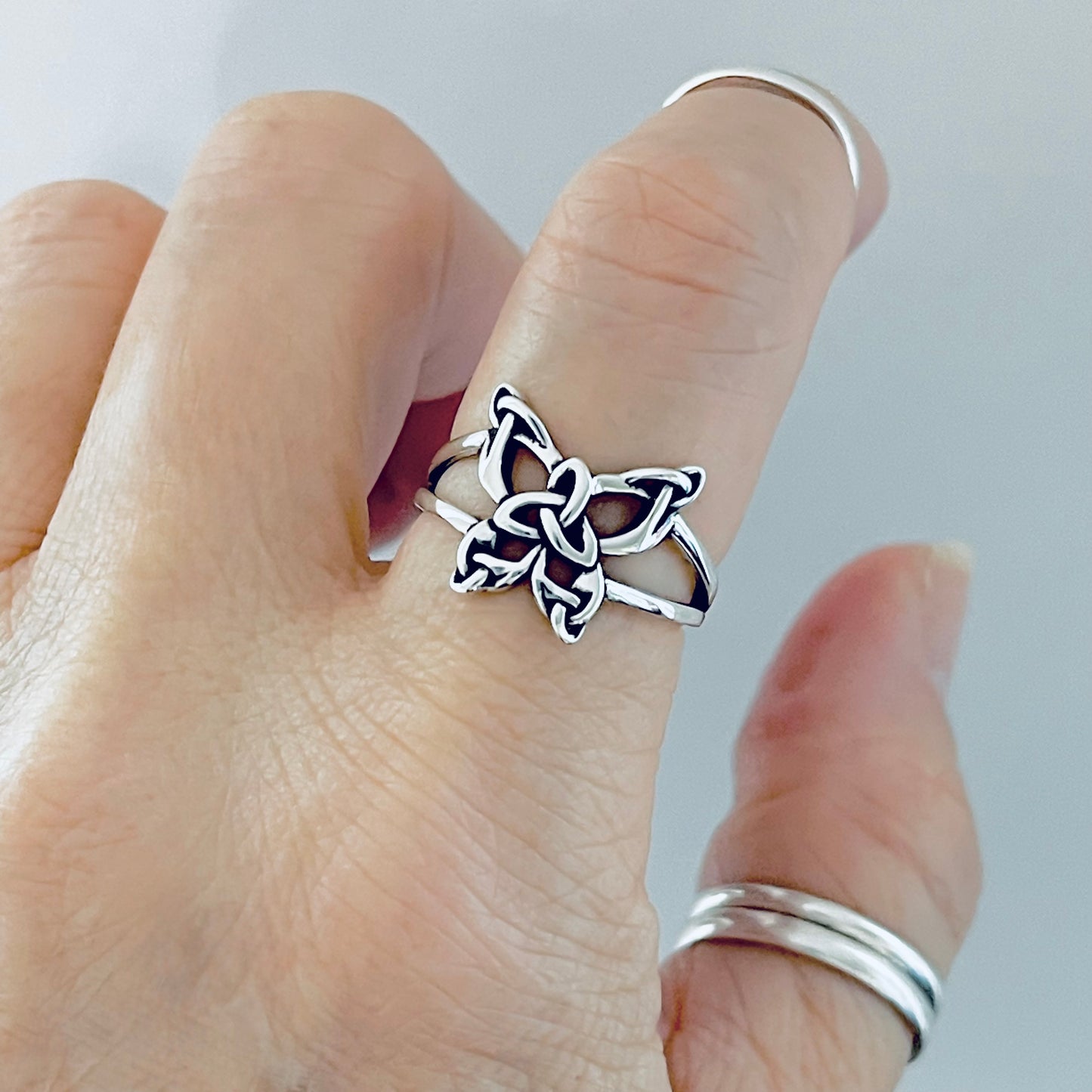 Sterling Silver Statement Triquetra Butterfly Ring – Celtic Trinity Knot Spirit Bug Silver Rings