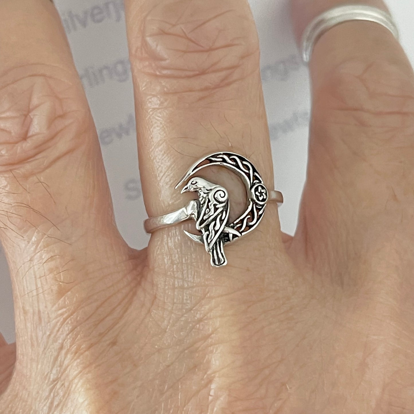 Sterling Silver Raven on Celtic Moon with Tiny Star Ring, Silver Bird Rings