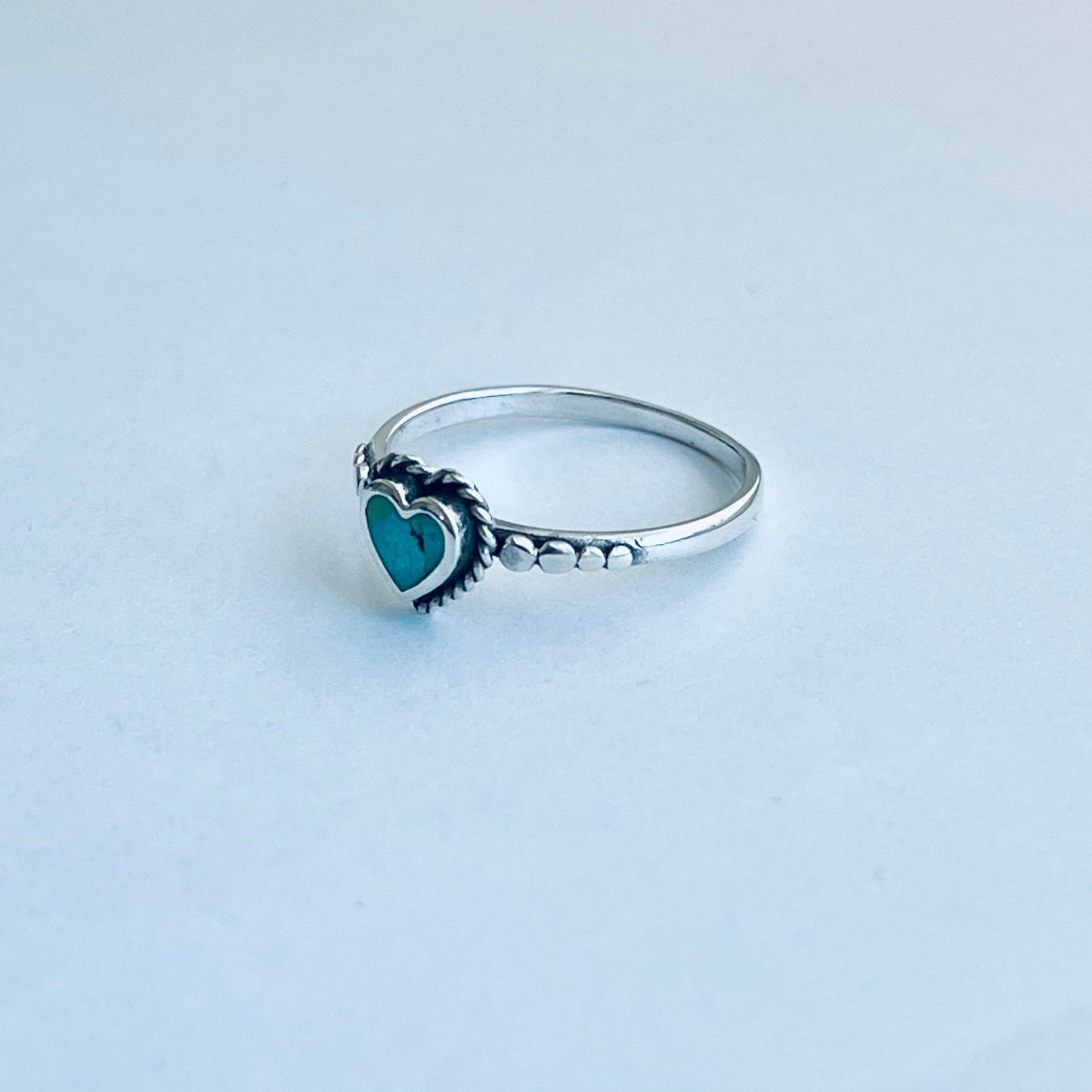 Sterling Silver Minimalist Braid Heart Genuine Turquoise Ring with Dots, Silver Rings