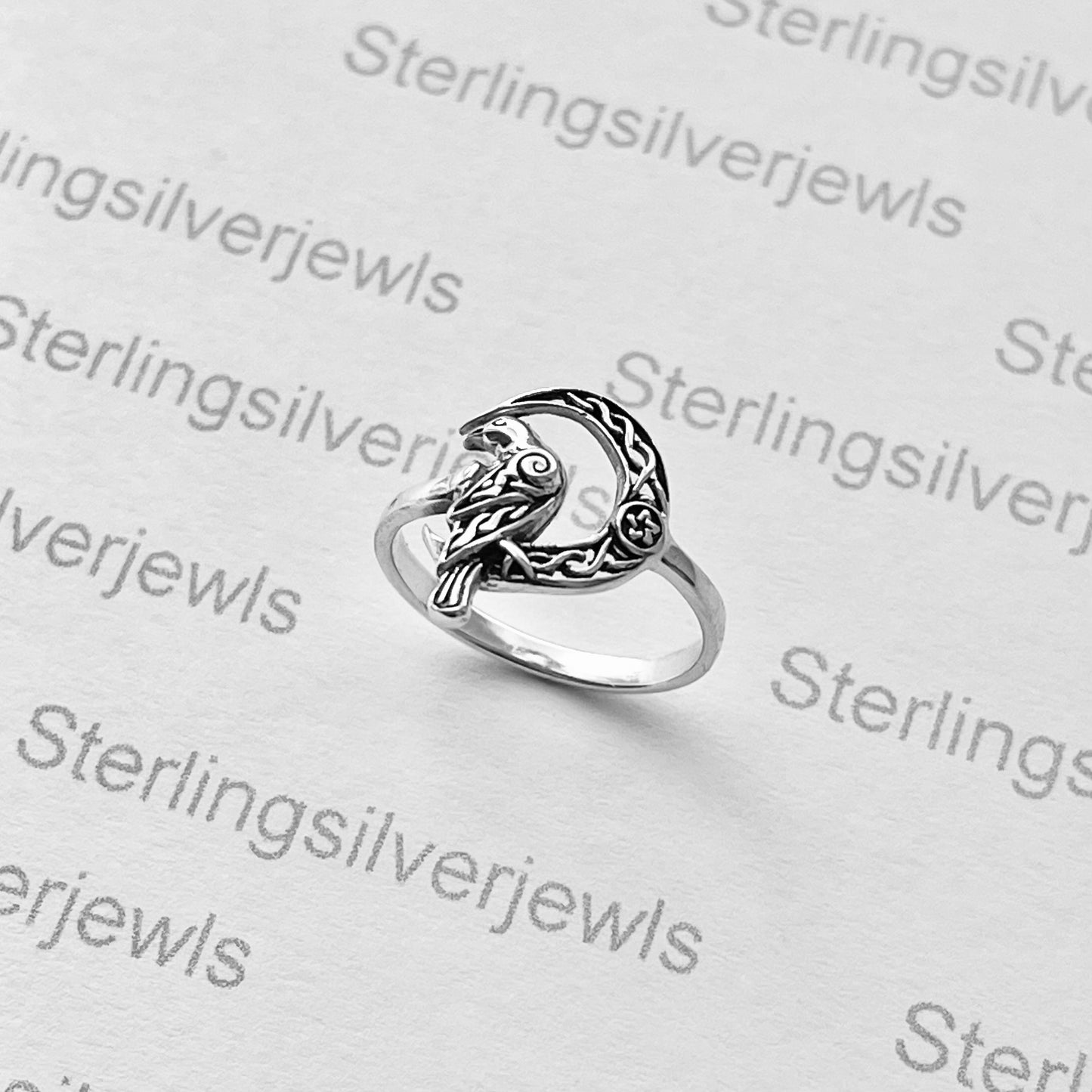 Sterling Silver Raven on Celtic Moon with Tiny Star Ring, Silver Bird Rings