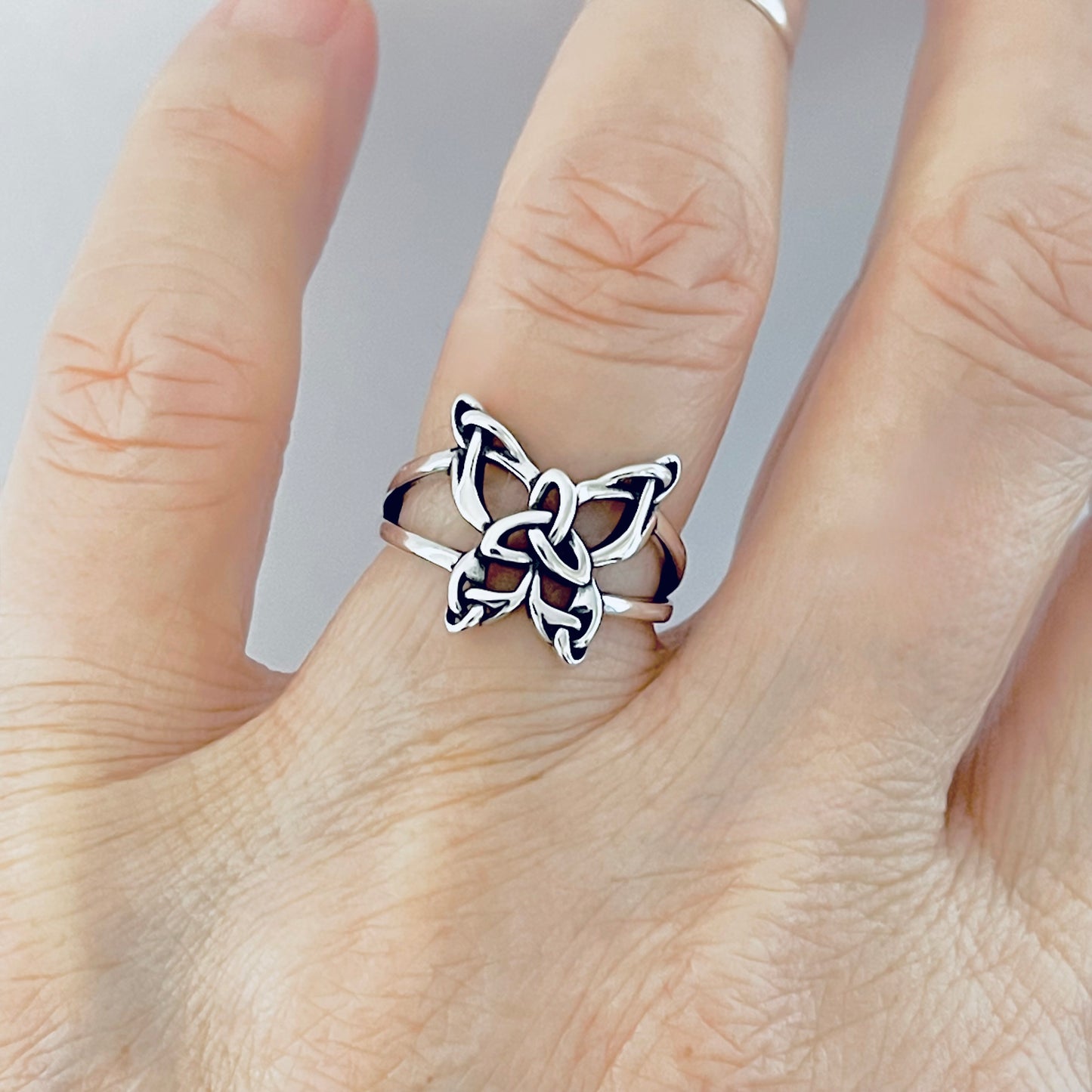 Sterling Silver Statement Triquetra Butterfly Ring – Celtic Trinity Knot Spirit Bug Silver Rings