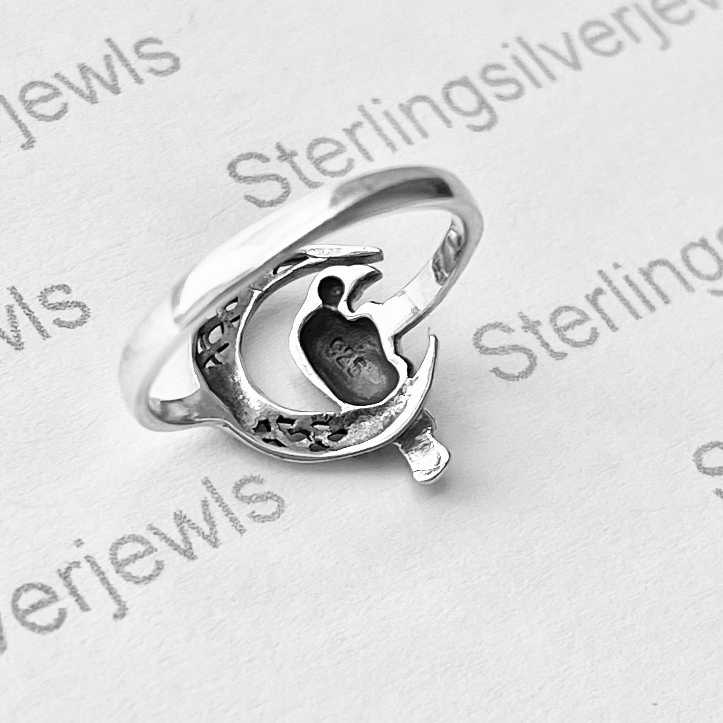 Sterling Silver Raven on Celtic Moon with Tiny Star Ring, Silver Bird Rings